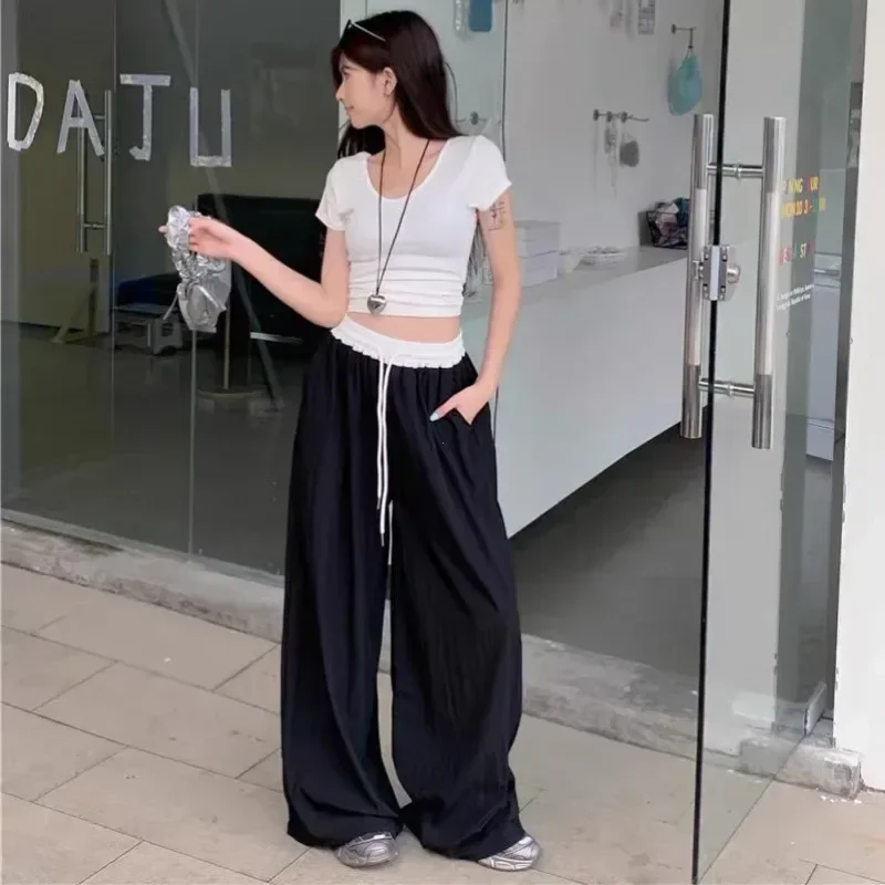 New Patchwork Elastic Waist Wide Leg Casual Pants Women All season Texture Drape Straight Mop Pants Loose Trousers Pants