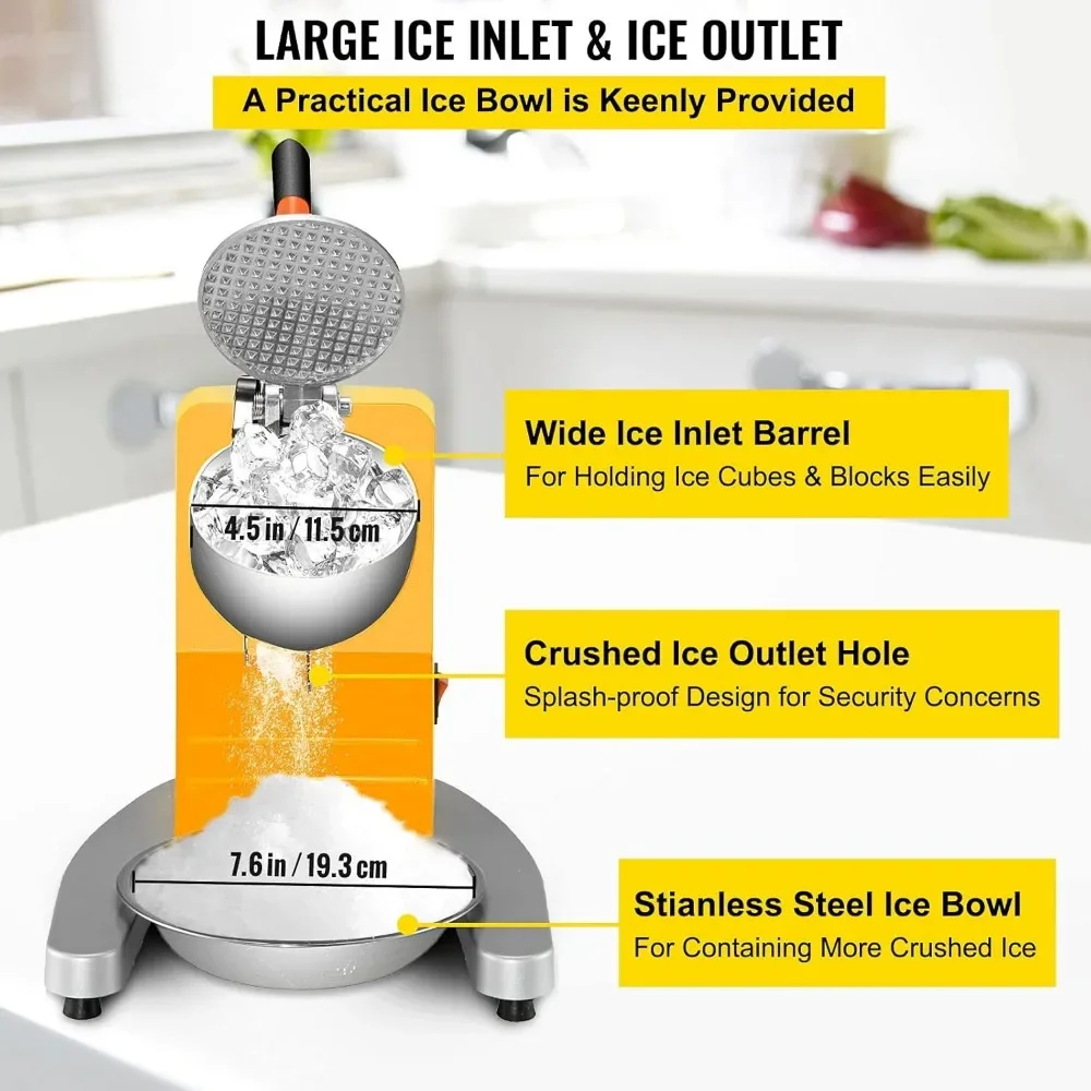 Máquina de hielo afeitado eléctrica de 110V, fabricante de conos de nieve de 300W y 1450 RPM, máquina de hielo afeitado con bandeja y cuchilla adicional