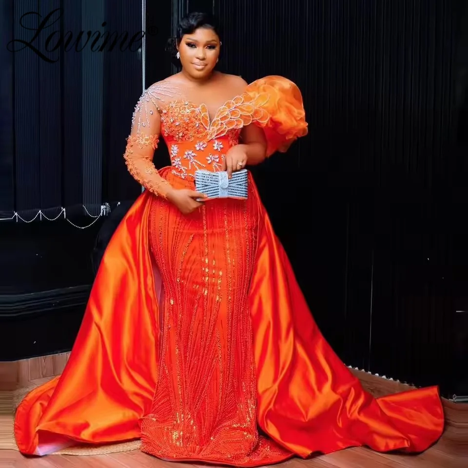 

Plus Size Orange Mermaid African Prom Dresses Customized Long Sleeve Crystals Evening Dress With Overskirt Nigerian Party Gowns