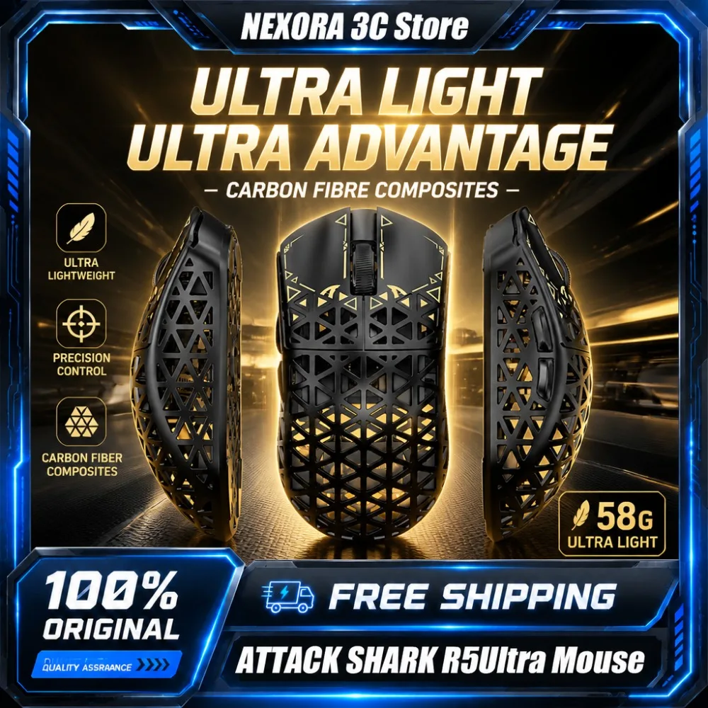 Mouse Gamer Sem Fio ATTACK SHARK R5 Ultra em Fibra de Carbono PAW3950MAX Ultra Leve com Cabo Espiral de 8K e Três Modos