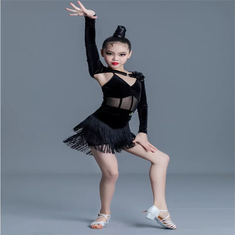 Vestido de baile latino para niños, Sexy, con flecos y borlas, Tango, Salsa, vestidos para niños, Cha-cha, Ropa de baile para ejercicio, trajes de entrenamiento