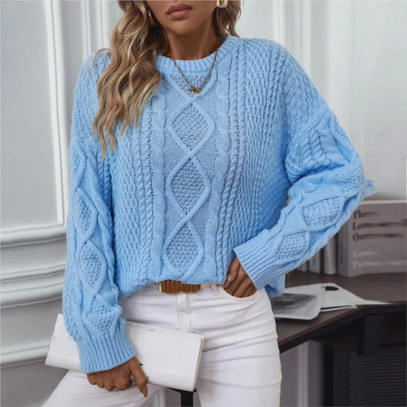 

Solid Color Fried Dough Twists Pullover Women's Sweater Autumn And Winter New Loose Long Sleeved Round Neck Sweater Top