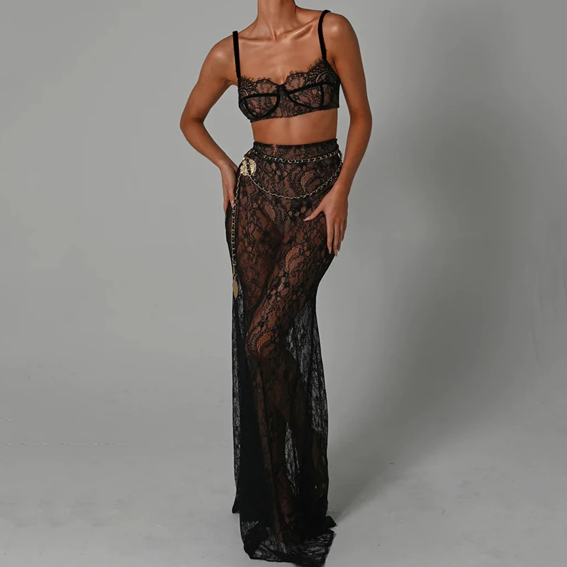 Women\'s Backless Suspender Skirt Two-Piece Sexy Floor Length Long Skirt Set See Through Lace Chain Evening Dress