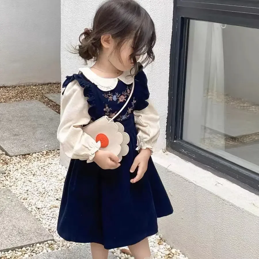

Fashion Girls Embroidery Retro Dress Set Spring Autumn Children Corduroy Sundress + Doll Neck Shirt 2Pcs Suits Kids Clothes