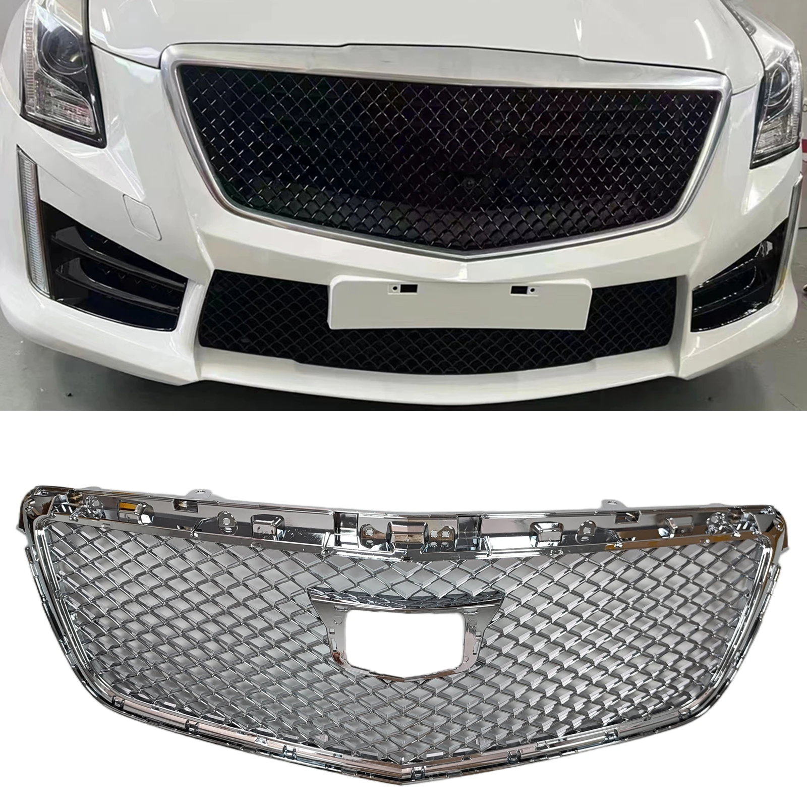 

Front Grille Racing Grill For Cadillac ATS 2015-2019 Honeycomb Style Chrome/Black Upper Bumper Hood Mesh Grid