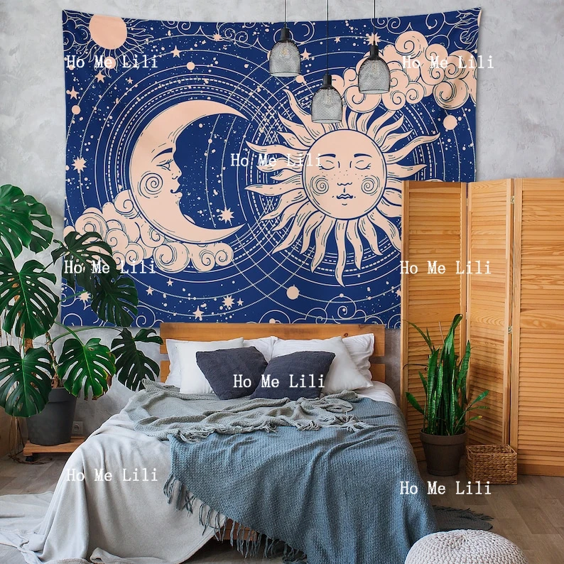 Солнце Луна Синий Небесное Небо Настенные Облака Богемная Йога Медитация Мистическое Солнце и Луна Лицо Ведьмы Викка Бохо Декор Общежития