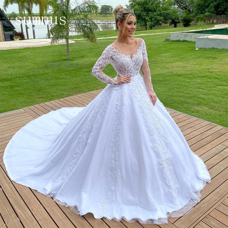 Laço apliques vestido de casamento o pescoço tule manga longa noiva vestido de baile tribunal trem botão vestido de casamento robe de mariee elegante