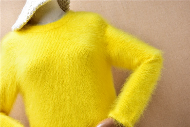 04 Female Women Fall Winter Clothing Yellow Hairy Mink Cashmere Knitted Split Slim Blouses Angora Fur Pullover Jumper Sweater