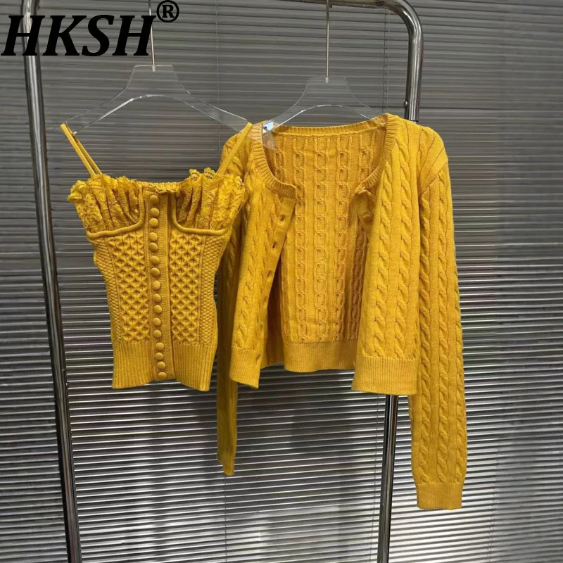 HKSH 2025 Autumn New Women Sweater Cardigan Single Breasted Coat Lace Patchwork Knitted Vest Elegant Chic Two Pieces Set HK13139