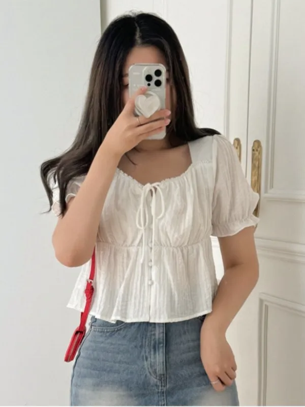 

Chic Chic Bubble Sve irt Women's Square Collar Single Button Lace Trim Anti-Aging Versatile Pleated Top Trendy Cotton ...