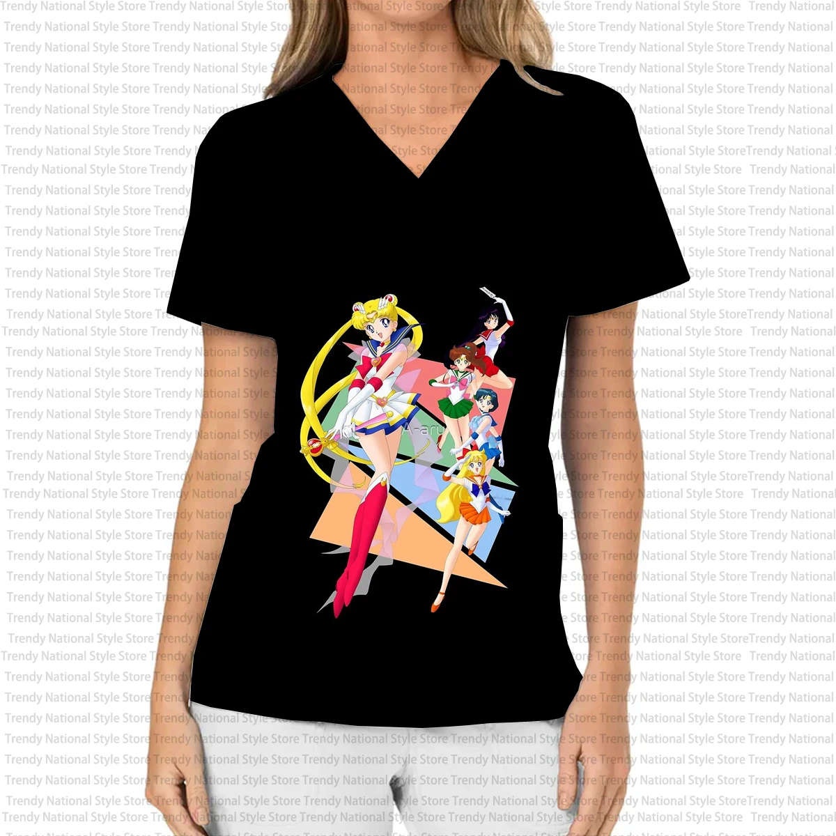 

Women's Summer Work Uniform Cartoon Anime Printed Women's V-Neck Pocket Short Sleeve Frosted Top Beauty Salon Pet Shop T-shirt