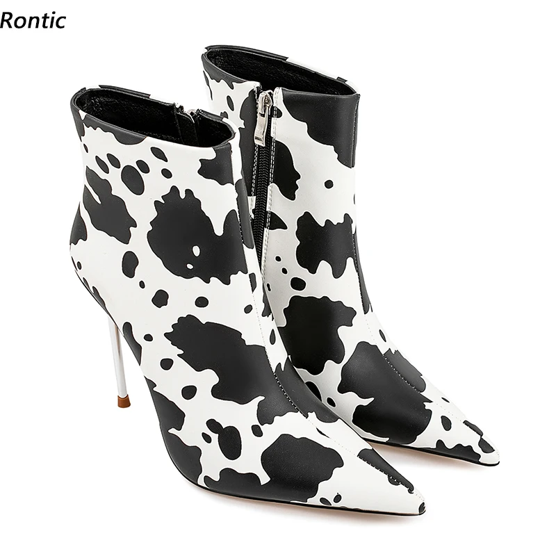 

Rontic женские зимние ботильоны из искусственной кожи, пикантные туфли на шпильке с острым носком, элегантные клубные туфли с коровьим узором, размер США 6-13