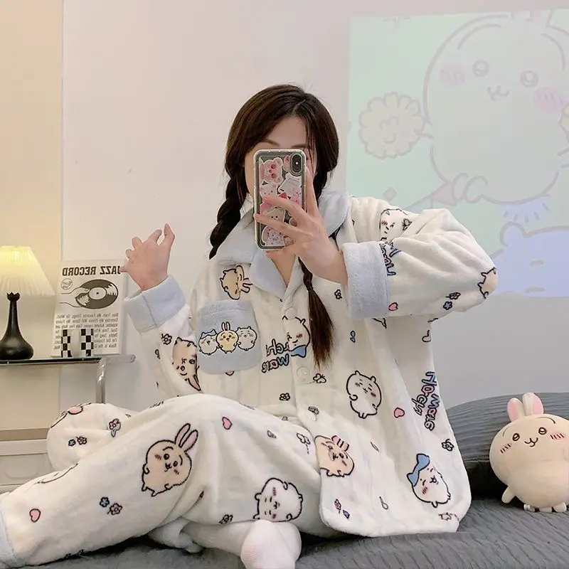 Anime Chiikawa 2Pcs Women Plush Pajamas Suits Cartoon Hachiware Thickened Flannel Loose Nightwear Suit Cute Girls Gift Homewear