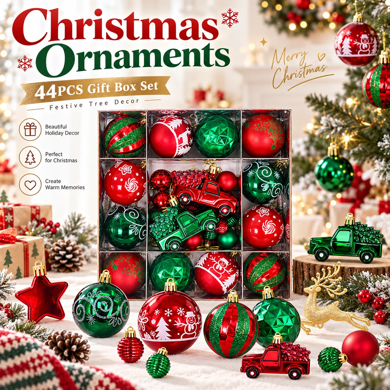 44PC Christmas Ball Set Bears Stars Reindeer Christmas Tree Hanging Decorative Balls Home Party Christmas Festival Decorations