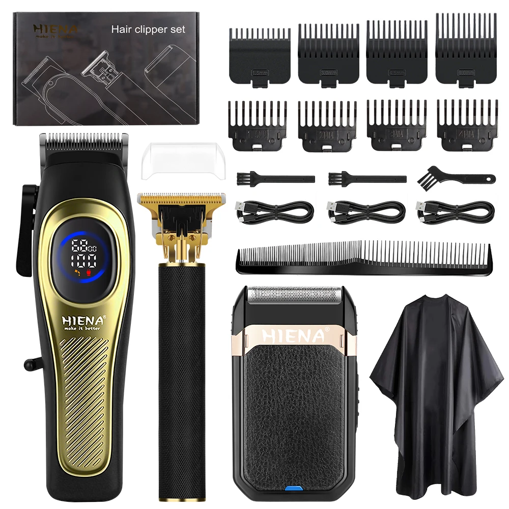 

HIENA 3IN1 Hair Clipper Trimmer Shaver Set LCD Display Cordless Professional Men Hair Cutting Barber Tools Full Accessories Kit