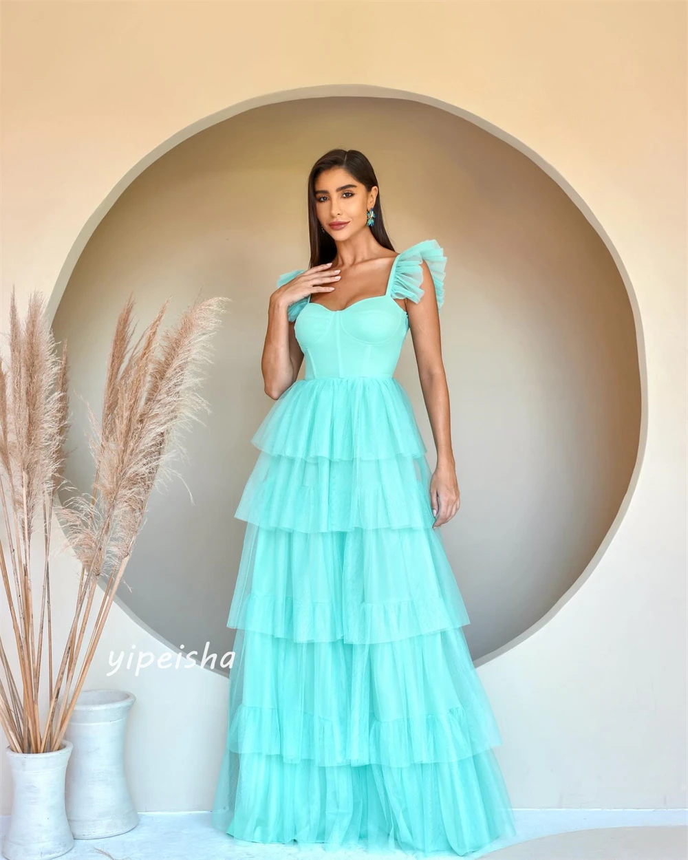 Tule Draped Tiered Ruffles Party Gown, Colarinho quadrado, Ocasião, Vestidos longos, A-Line, Em camadas, Bespoke