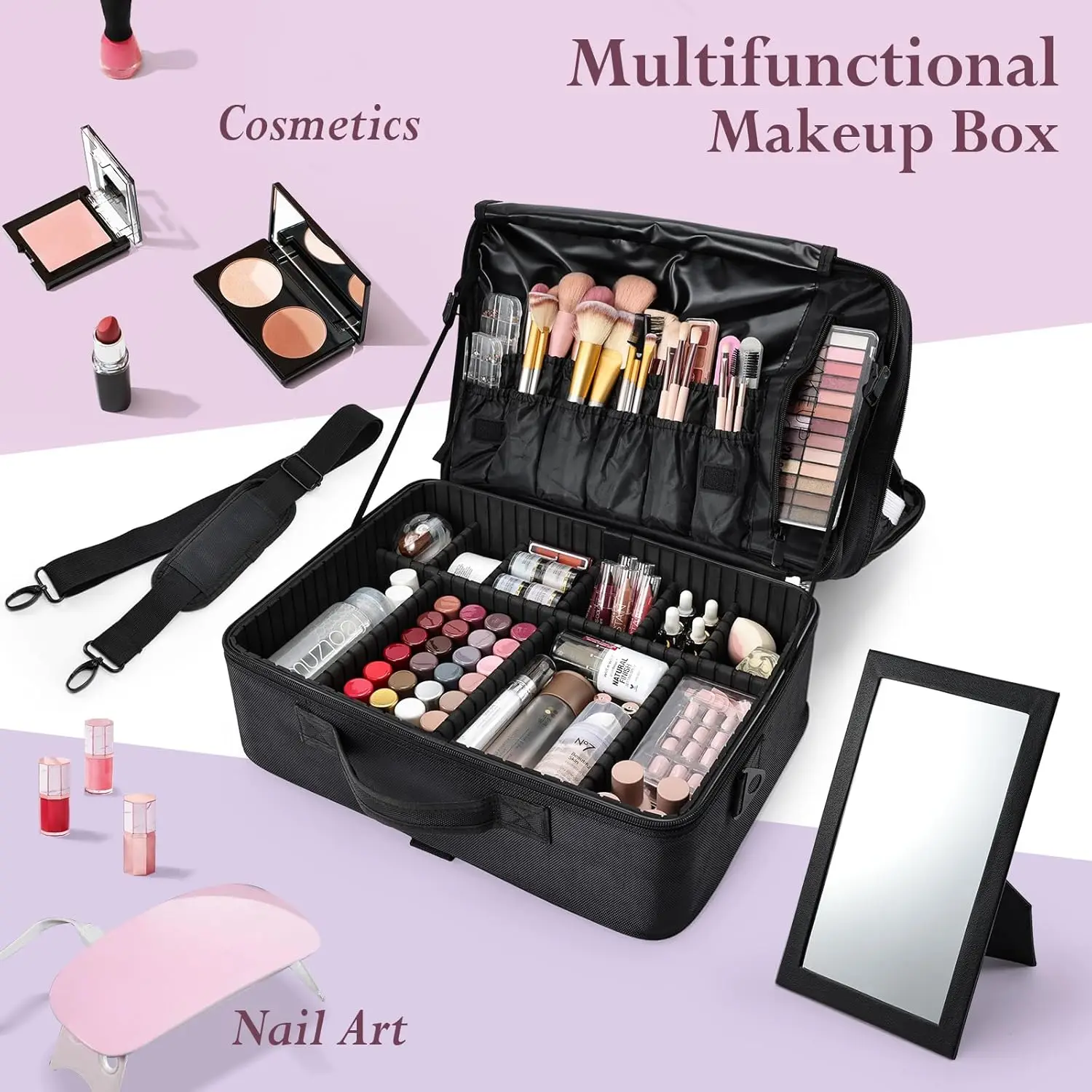 Extra Large Professional Makeup Case Make up Train Case, 3 Layers Makeup Bag Nail Cases Organizer Box with Mirror Shoulder Strap