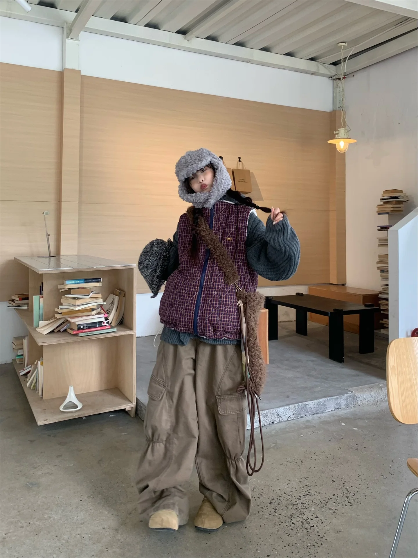 

Double-Sided Wear American Retro Lamb Velvet Plaid Women's Cotton Vest Jaet Warm Winter Coat Comfortable Loose Fit Zipper