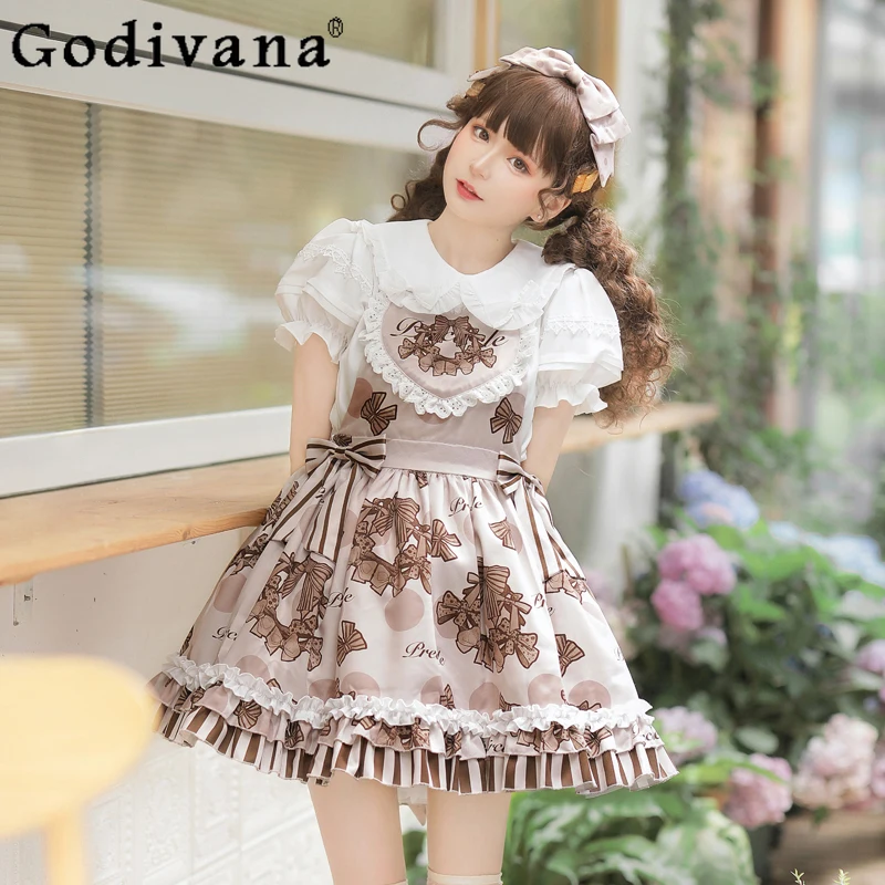 

Cute Lolita Daily Bow Spring and Summer New Print Strap Dress Sweet Girls High Waist A-line Temperament Age-reducing Dresses
