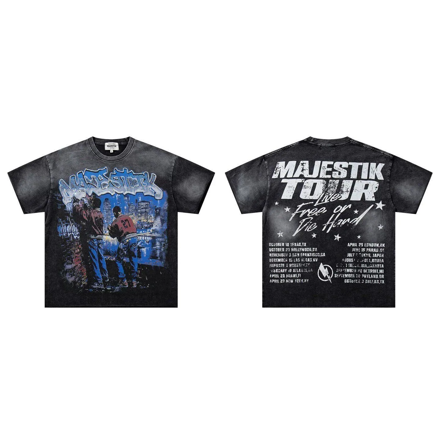 MAJESTIK Hip-Hop distressed rolled-edge short-sleeved T-shirt trendy brand with glittered letter print and loose fit top