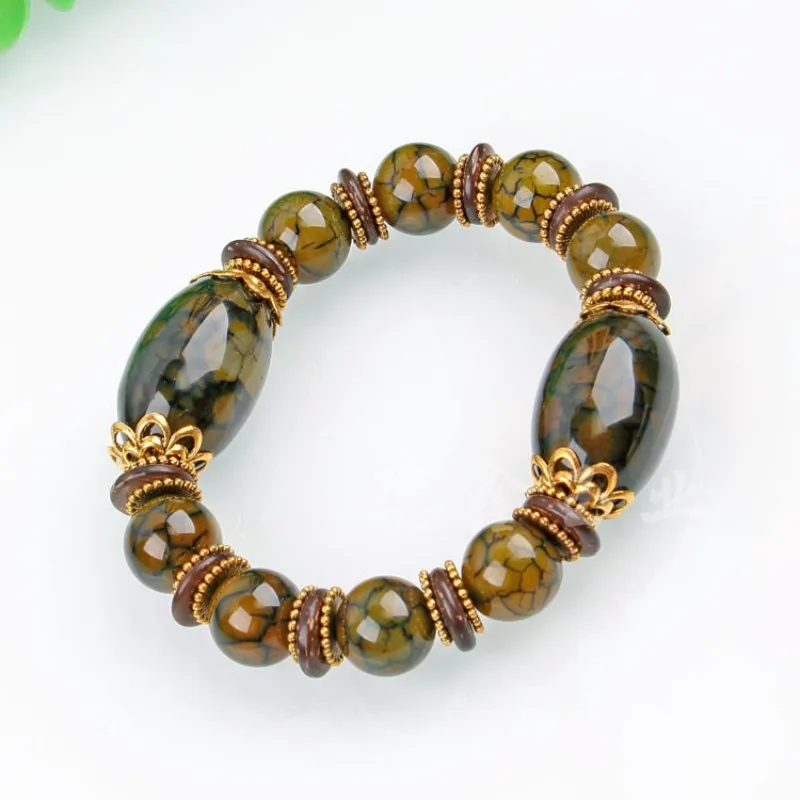 Green Dragon Pattern Agate Bracelet Big Drum Beads Men's Straight Barrel Beads Bracelet