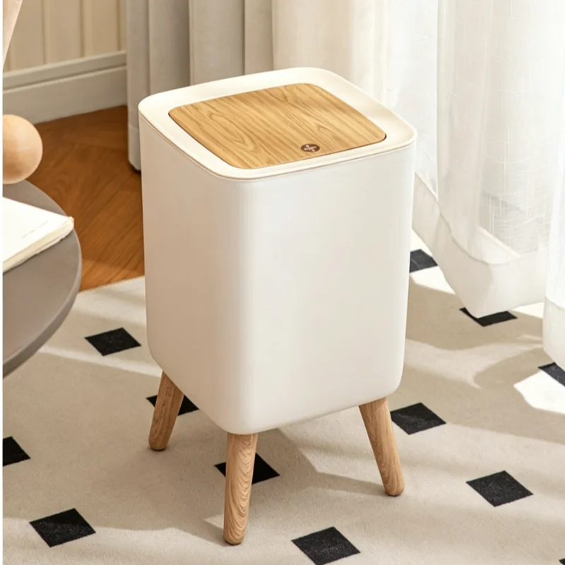 Nordic Decorative Standing Trash Can, Square Press‑Lid Plastic Waste Bin With Raised Legs, Wood‑grain Cover Garbage Bucket for Indoor Household Use