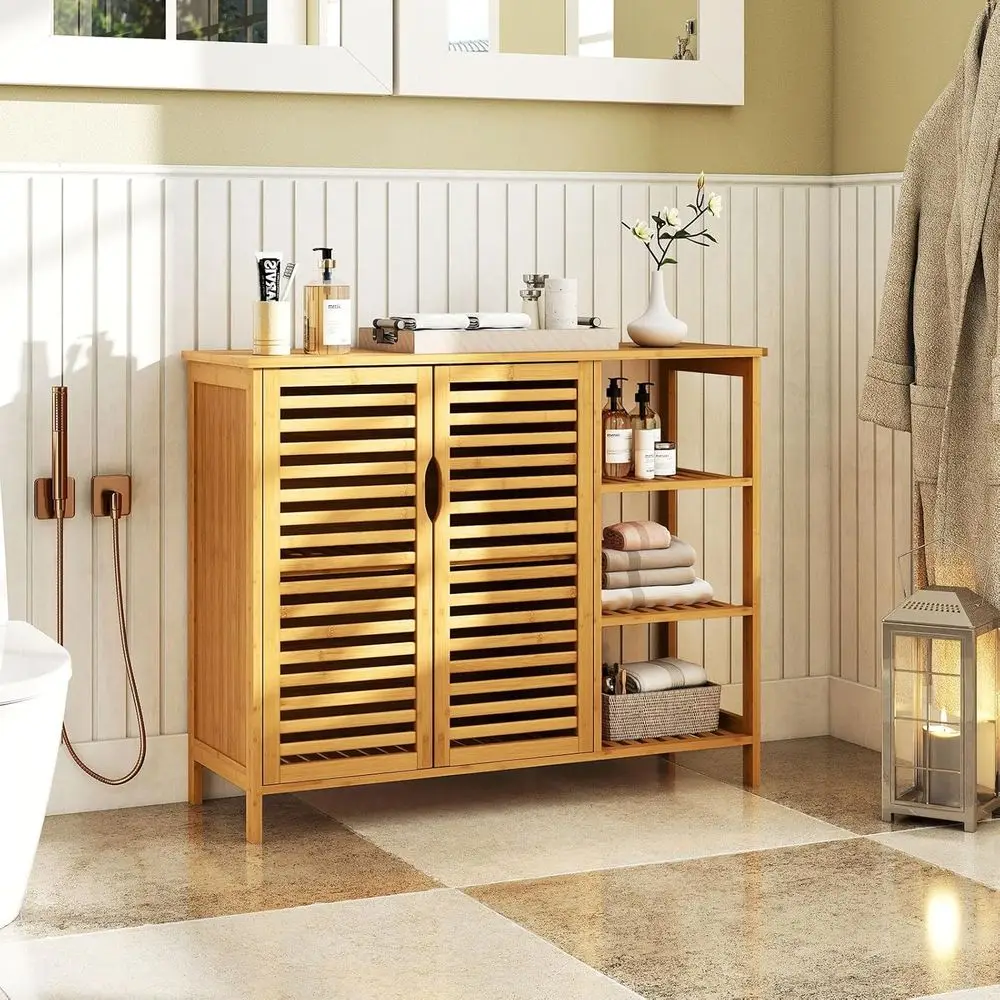 

Bamboo Bathroom Storage Cabinet, 2-Door Storage Organizer with Shelves, reestanding loor Cabinet, Slatted Bamboo Home urniture o