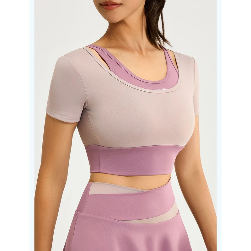 Women Breathable Shockproof Yoga Short Sleeve with Fixed Built-in Pads Comfortable Skin-Friendly Sports Top for Running Fitness