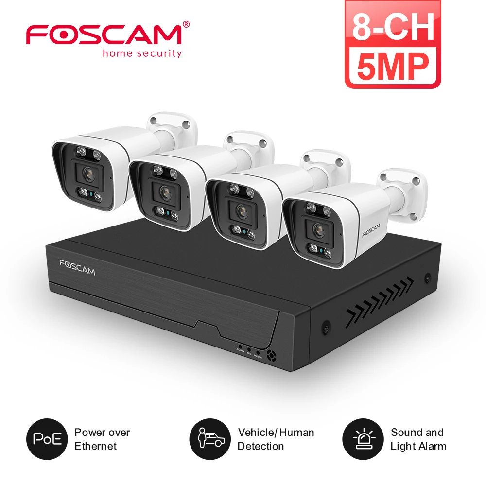 Foscam 3K Security Camera System 4pcs 5MP PoE Person Vehicle Detection IP Surveillance Camera H.264 8CH NVR for 24/7 Recording