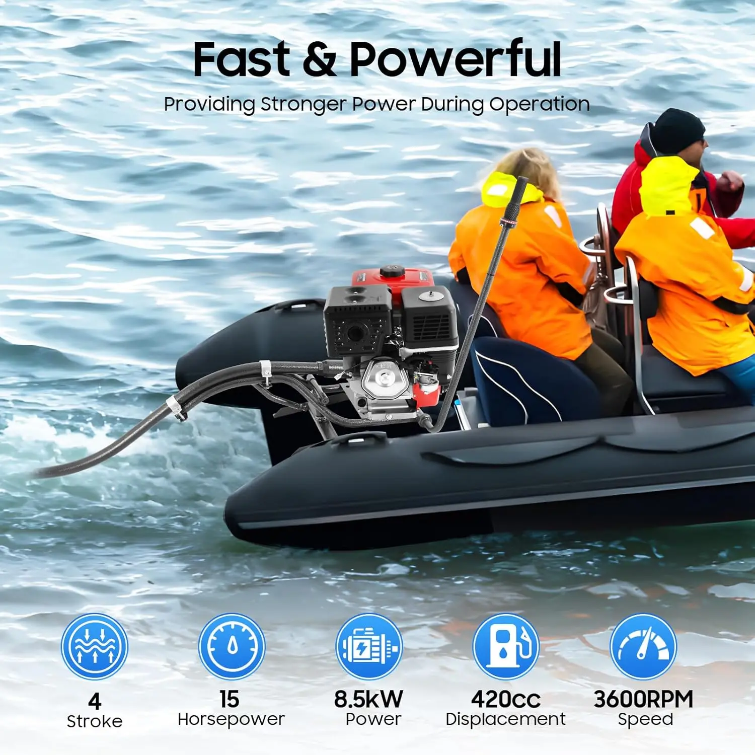 

15HP Mud Motor Kit, 420CC 4-Stroke Gasoline Outboard Boat Engine, 180° Flexible Steering & TCI Ignition System, 3600RPM