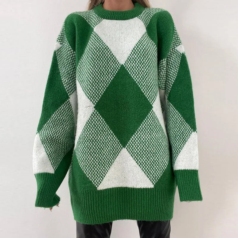 Argyle Sweater Women ZA Autumn Winter 2024 Green O-Neck Oversized Long Sleeve Knitted Casual Soft Clothing Lady Pullover Outwear