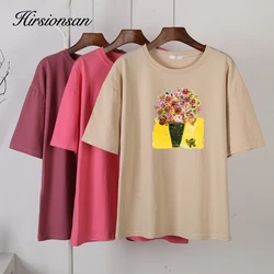 Hirsionsan Summer Hand-painted Flowers Printed T Shirt Women Elegant Vintage Loose Graphic Tee Soft Cotton Female Pullover Tops