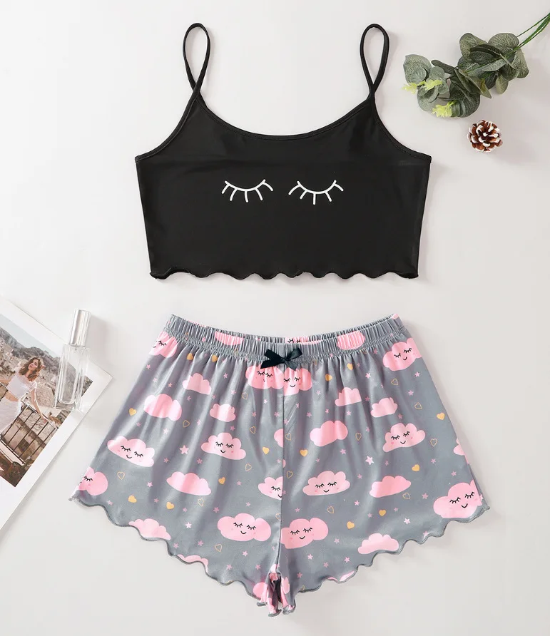   Ensemble pyjama décontracté pour femmes, vêtements de maison, écharpe imprimée, vêtements confortables, idéal pour l'été