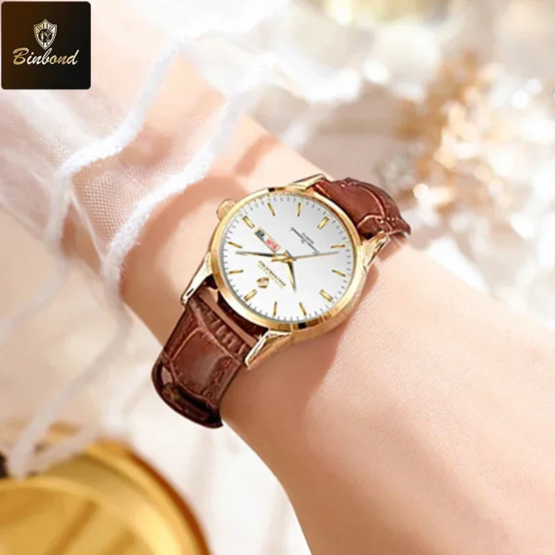 BINBOND женские часы, оригинальные модные брендовые кварцевые наручные часы, водостойкий светящийся кожаный ремешок, женские часы с двойным календарем