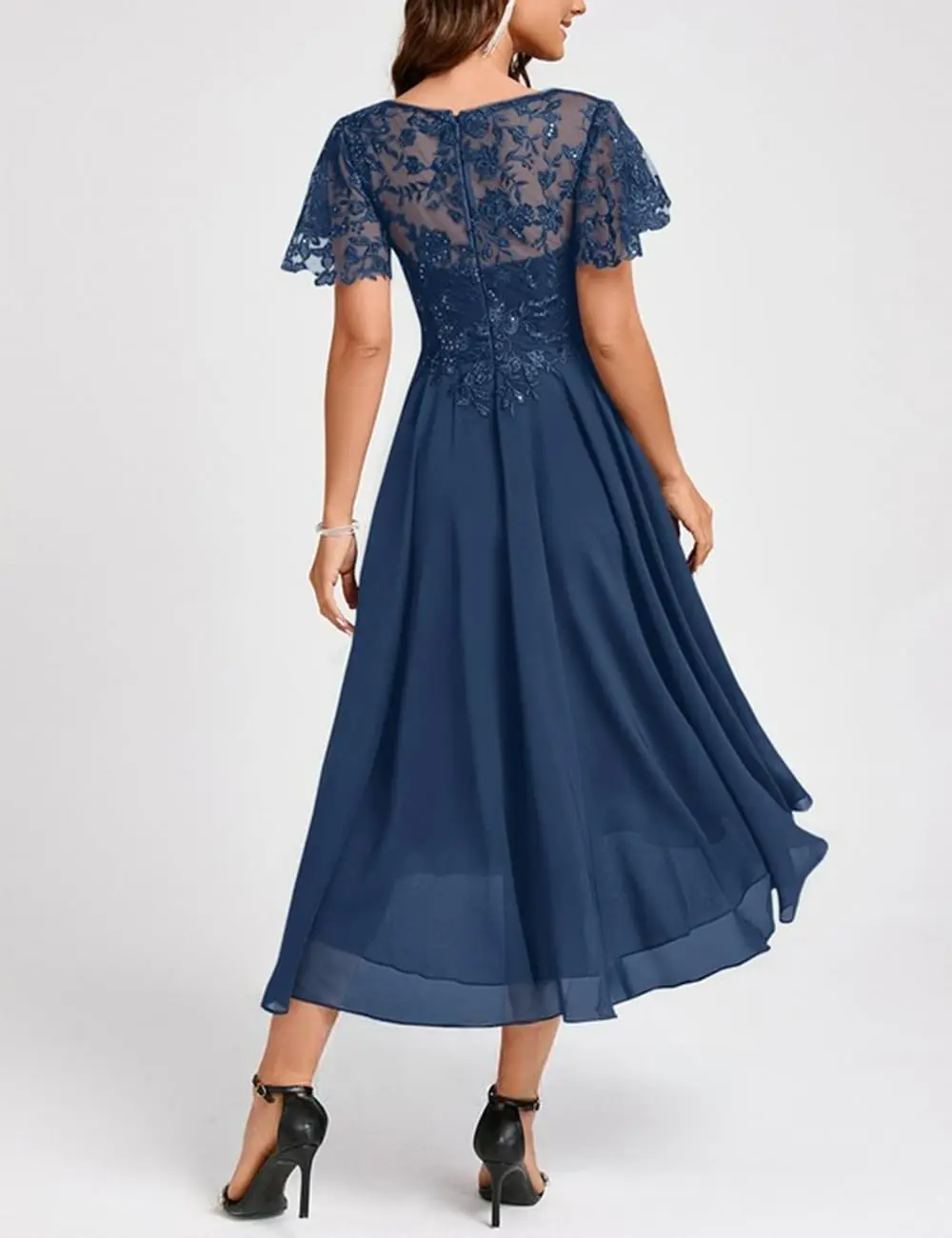 Apliques de encaje personalizados, vestidos para madre de novia, longitud del té, gasa, volantes asimétricos, manga corta, vestido de fiesta de noche Formal