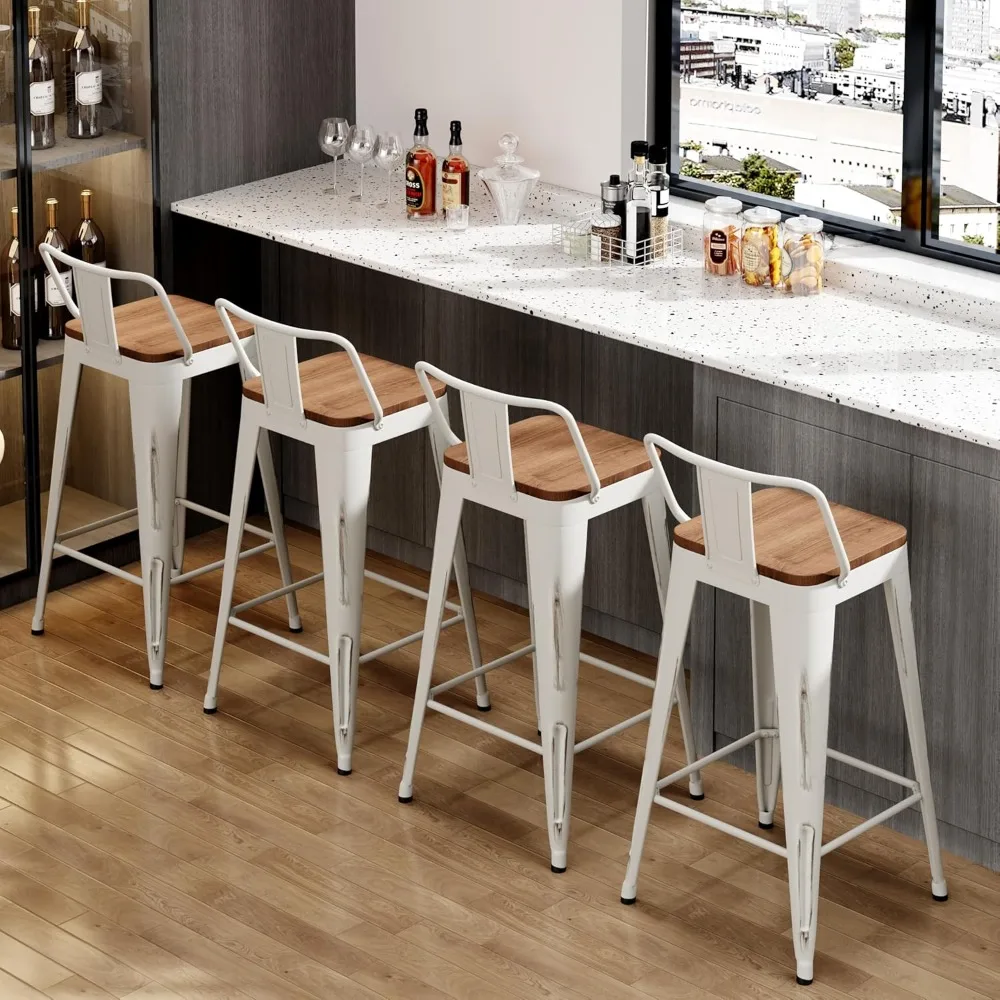 Set di 4 sgabelli da bar in metallo in stile industriale moderno, sedie ad altezza bancone con sedile in legno, mobili da bar da cucina per Contemporar