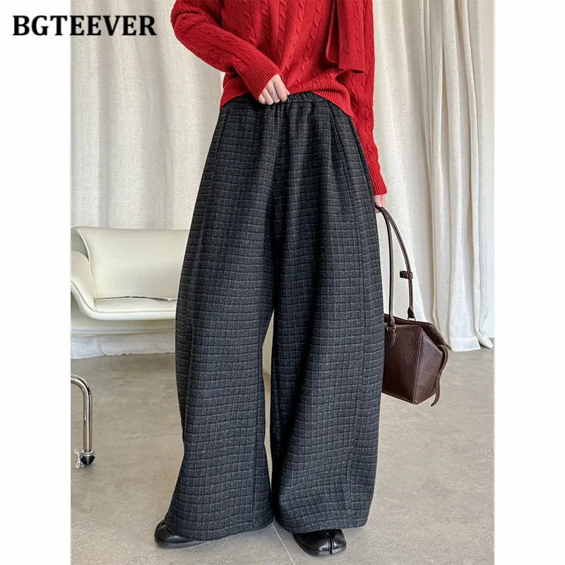 

BGTEEVER Винтажные утепленные бархатные женские брюки в клетку, осенне-зимние, с высокой талией, на шнуровке, широкие штаны для женщин