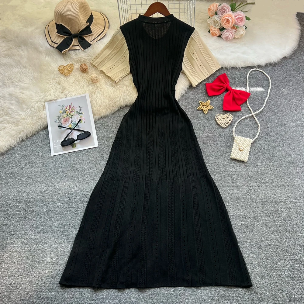 YuooMuoo Chic Fashion Elegant Knitted Long Dress 20256New Summer Vintage Patchwork Black Shirt Dress Brand Office Lady Vestidos