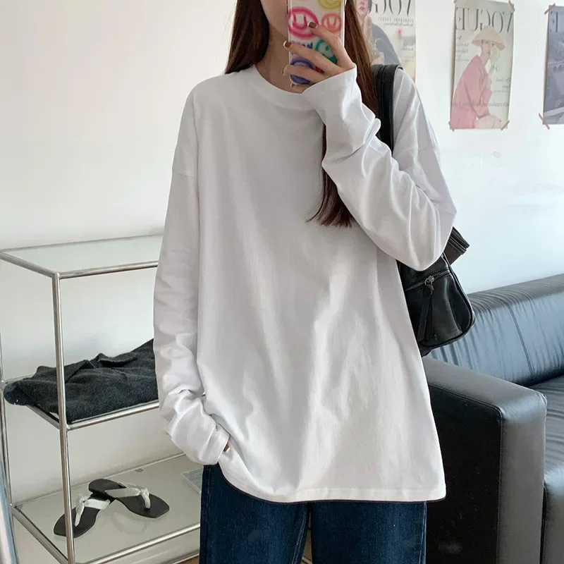 

White Pure Color Women T-shirt Student Early Autumn Long Sleeve Tank Top Casual Style Polyester Fabric Comfortable Slim Fit