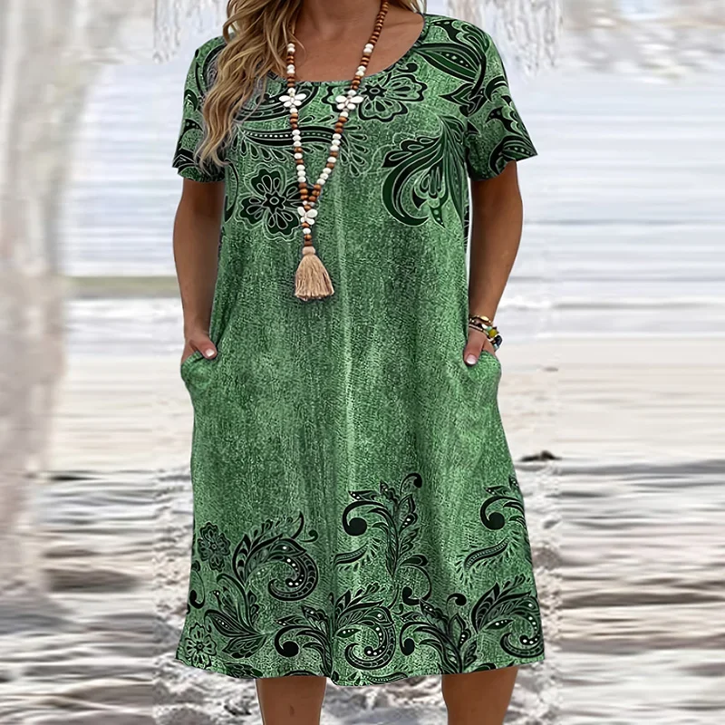 Vestido estampado vintage feminino, tamanho grande, gola O, manga curta, vestidos midi de bolso para mulheres, férias soltas na praia, verão, 2024