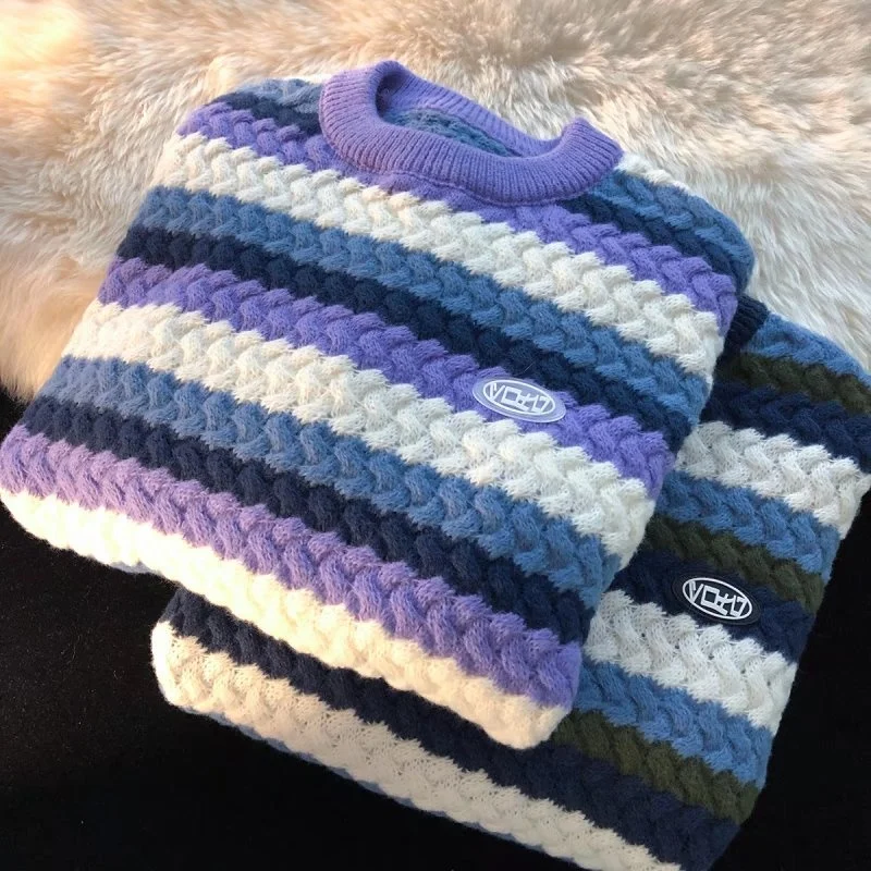 Loose Men's Knitted Sweater Autumn New Sle American Retro round Ne Long Sve Twisted Stripe Pattern Casual Faion