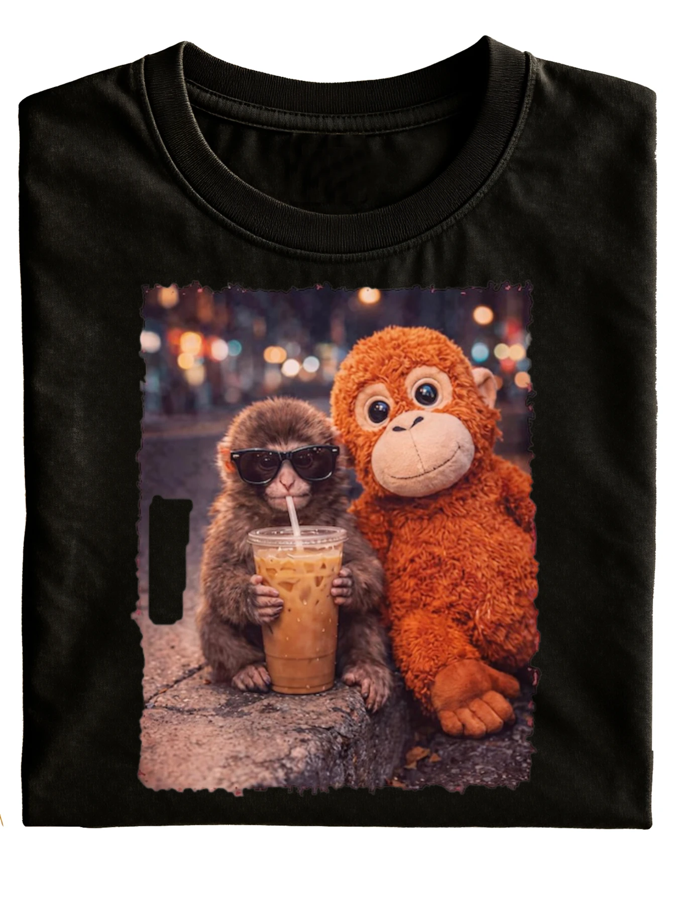 Team Punch New Style Fun Monkey And Plush Toy Drinking Iced Coffee Print Unisex T-Shirt Black  Fashionable Casual Wear for Everyday Outings And Gift Ideas Perfect for Holidays And Parties Trendy Streetwear Look Short Sleeve Top, Plus Size