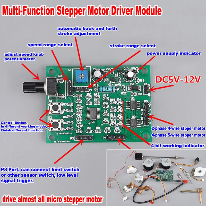 

DC 5-12V Stepper Motor Driver Controller Multifunction Motor Speed Controller Module For 2-phase 4-wire 4phase 5-wire Step Motor