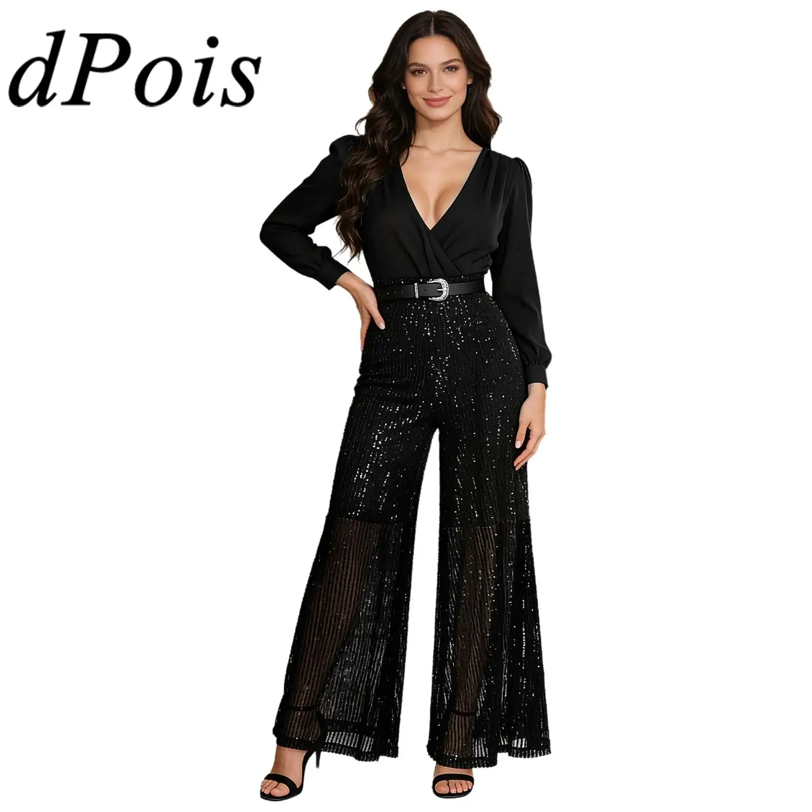

Womens Elegant Rompers with Belt Ruched V Neck Jumpsuits Shiny Sequin Wide Leg Pants One-piece Jumpsuit for Party Evenings