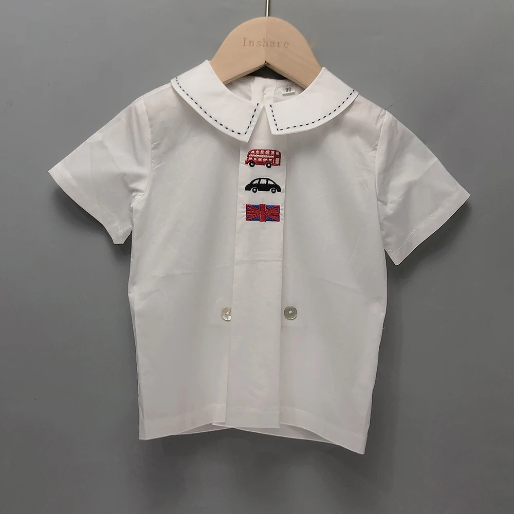 Children Boutique Clothing Set Toddler Boy Short Sleeves Cute Car Embroidered Clothes Cotton Shirt Linen Shorts Prince Ins Hot