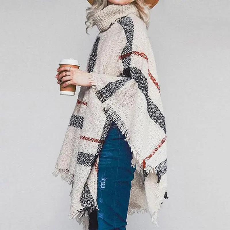 

Oversized Knitted Sweater Medium to Long High Ne Women's Faion Thiened Polyester Fiber Striped Tassel European Sle