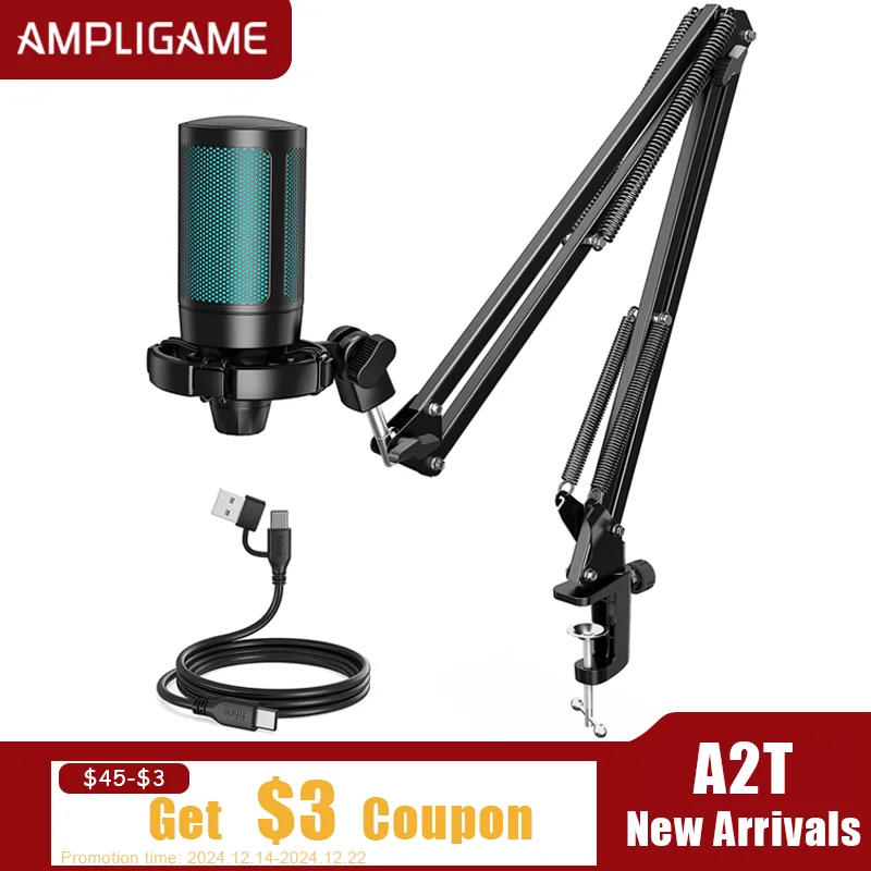 AmpliGame Gaming Microphone Kit with Quick Mute,USB RGB Condenser Mic Set with Metal Arm Boom for PC,Laptop,PS5,Streaming -A2T