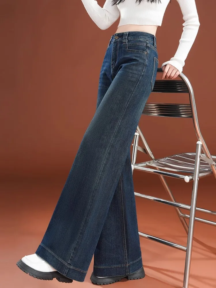 

Embroidered High Waist Wide Leg Denim Jeans Women's Spring Autumn Faion Fce Lined Drapey Slim Straight Small Size