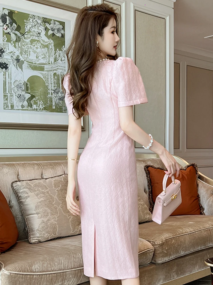 2023 Elegant Fashion Midi Dress Women Sweet Colorful Diamond Bubble Sleeve Split Robe Femme Party Banquet Vestidos Mujer Summer