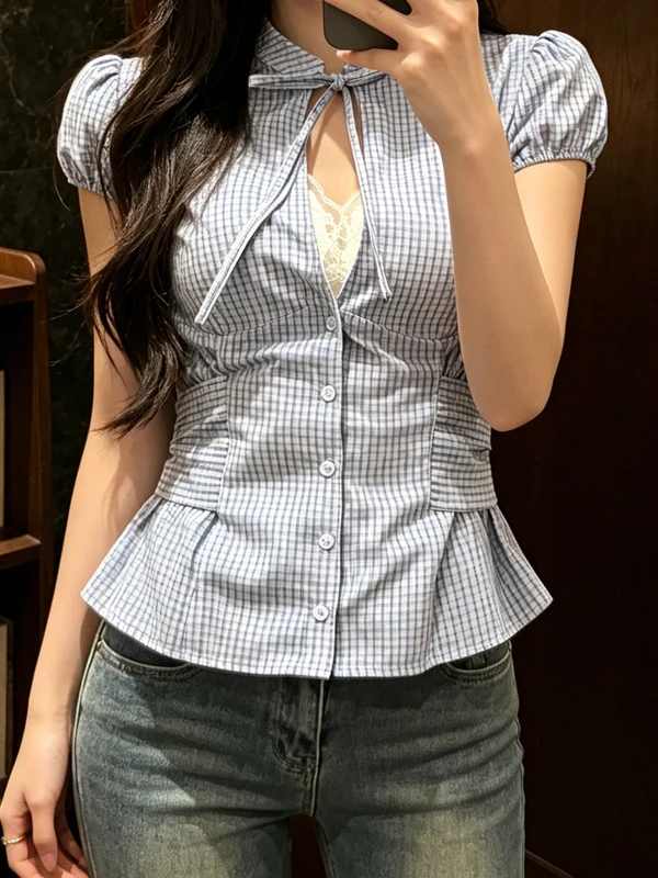 

plus Size Korean Plaid Short Sleeve Shirt Women's Summer 2026 Fashion Versatile Knot Waist Cinching Top